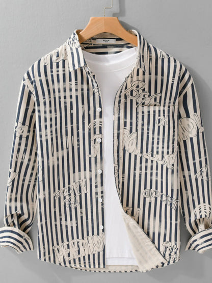 Men's Plus Size Striped Button Up Long Sleeve Shirt - Farnelli