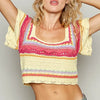 POL Openwork Ethnic Pattern Square Neck Cropped Knit Top - Yellow Multicolor