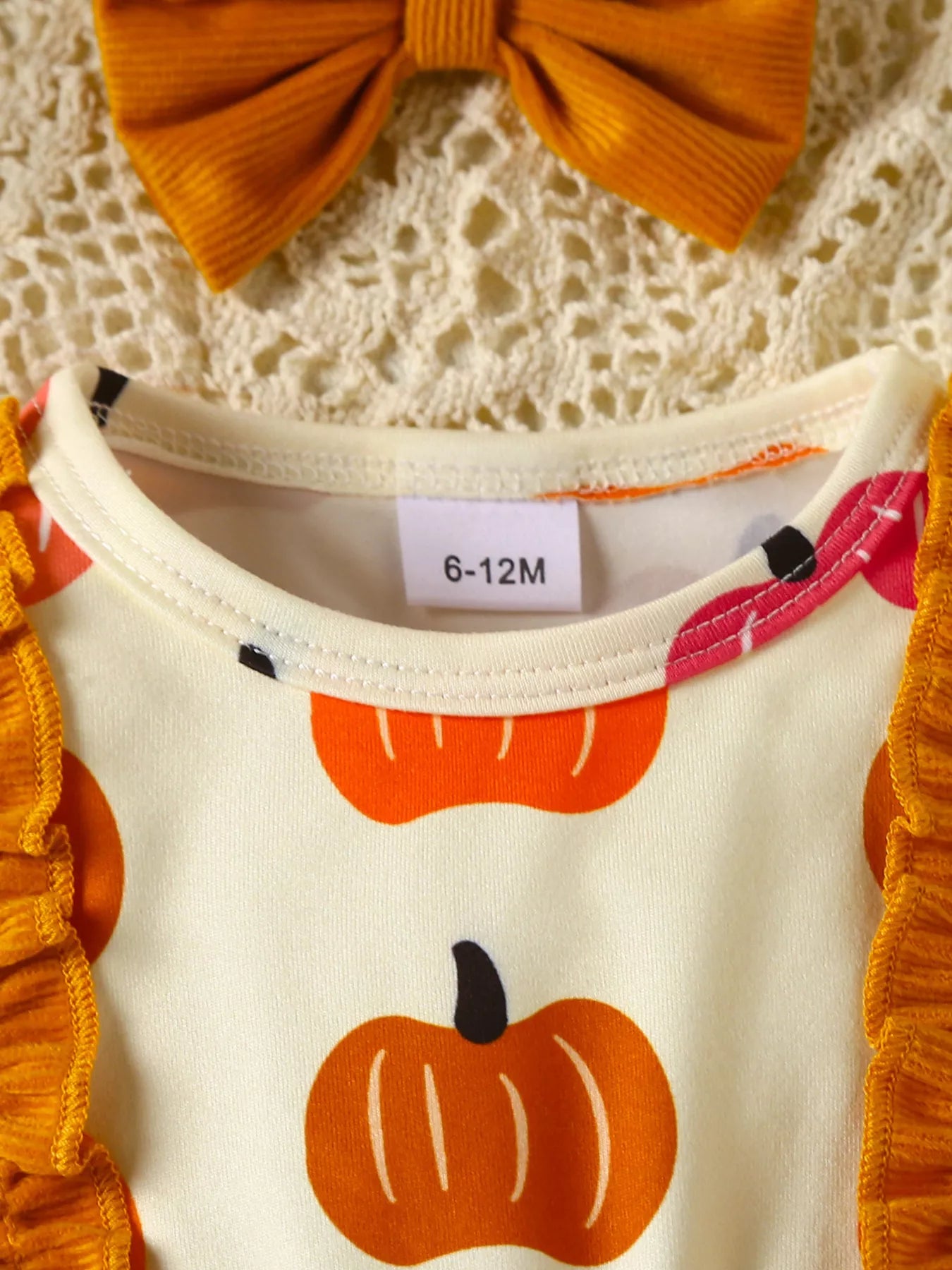 Children's Pumpkin Print Ruffle Dress with Bow Headband - Farnelli