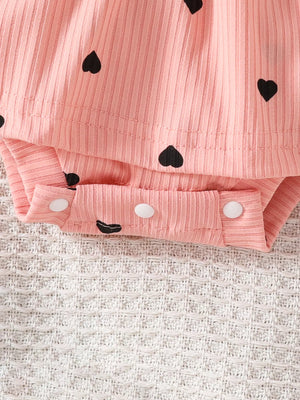 Children's Heart Print Ruffle Trim Bodysuit Dress with Headband - Farnelli