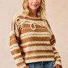 BiBi Striped Open Knit Sweater Top with Front Braided Detail - BROWN