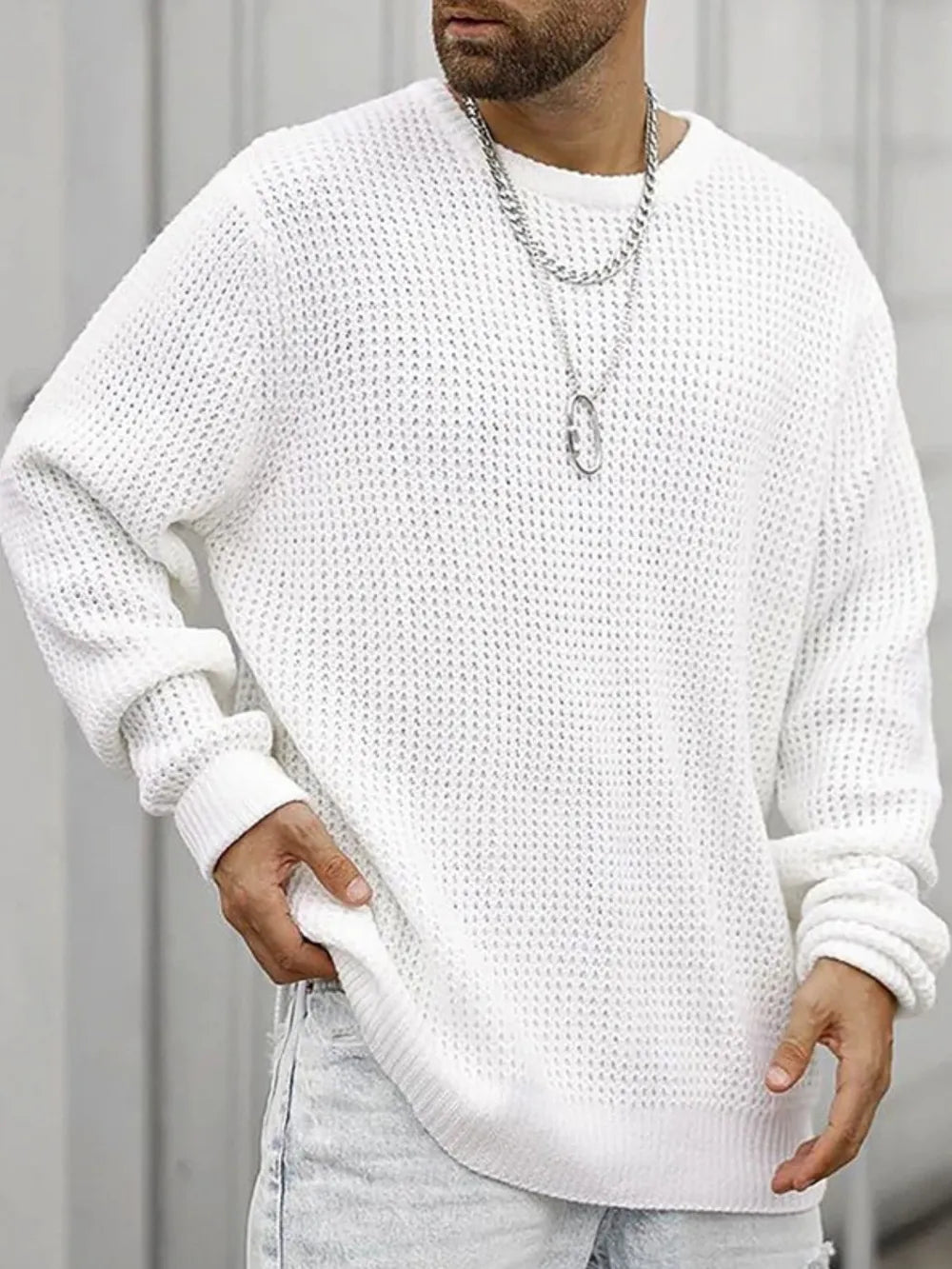 Men's Full Size Round Neck Long Sleeve Sweater Plus Size - Farnelli