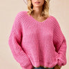 BiBi V-Neck Sweater with Colorful Trim - PINK