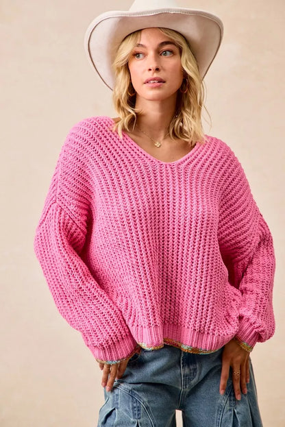 BiBi V-Neck Sweater with Colorful Trim - Farnelli