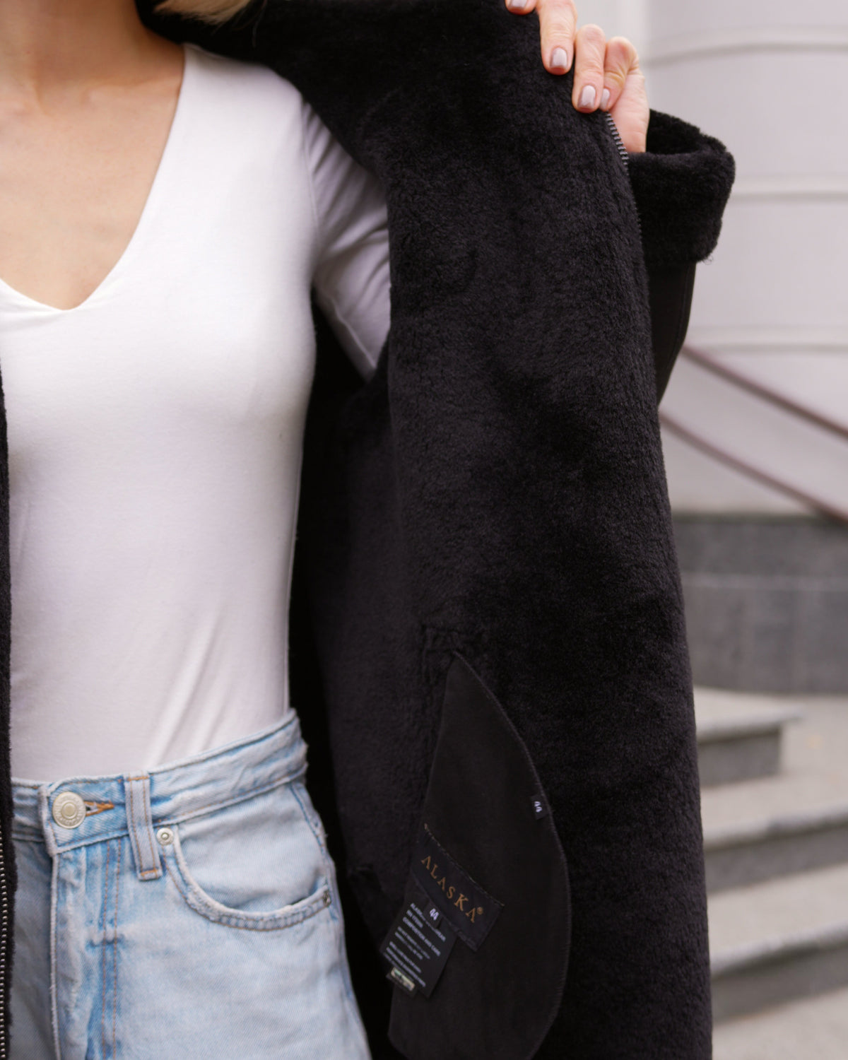 Alaska® Grazia reversible faux shearling hooded coat in black and black, parka style