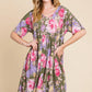 BOMBOM Flower Print V-Neck Ruched Dress - Farnelli