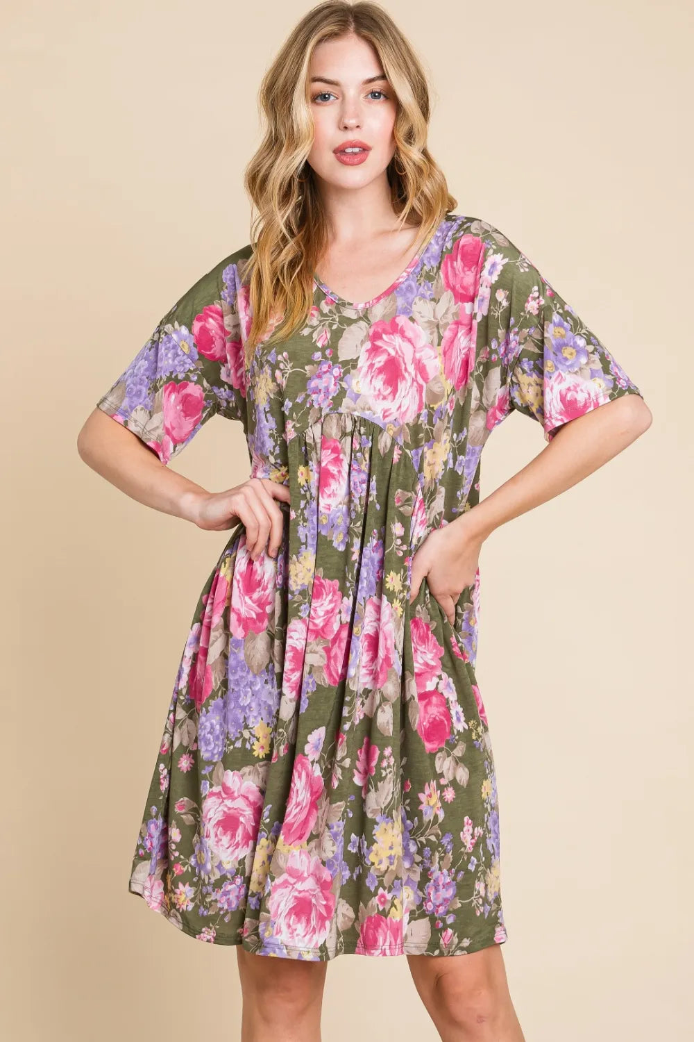 BOMBOM Flower Print V-Neck Ruched Dress - Farnelli