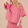 Ces Femme Checkered Round Neck Top and Shorts Set - Red