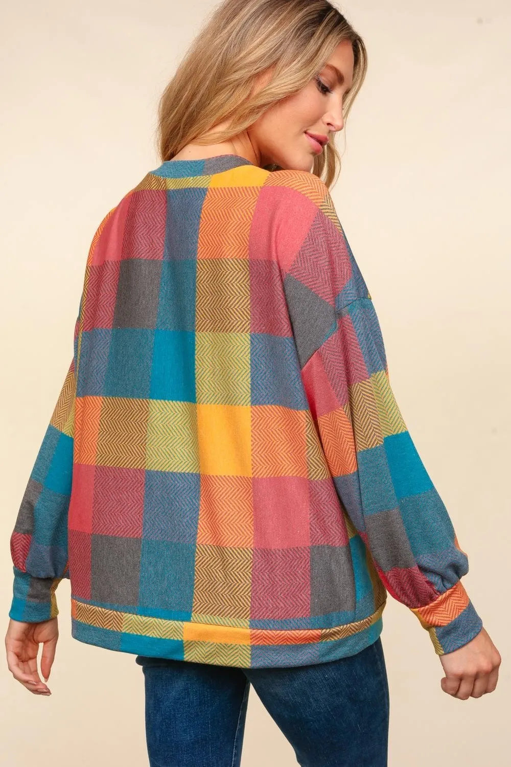 Haptics Round Neck Color Block Plaid Top - Farnelli
