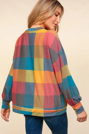 Haptics Round Neck Color Block Plaid Top - Farnelli