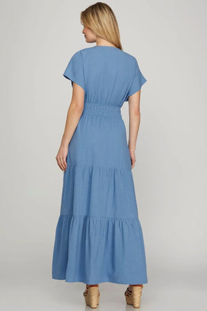 She + Sky Surplice Short Sleeve Tiered Maxi Dress With Pockets - Farnelli