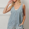 BiBi Folded Hem Vintage Washed Denim Overalls - Light