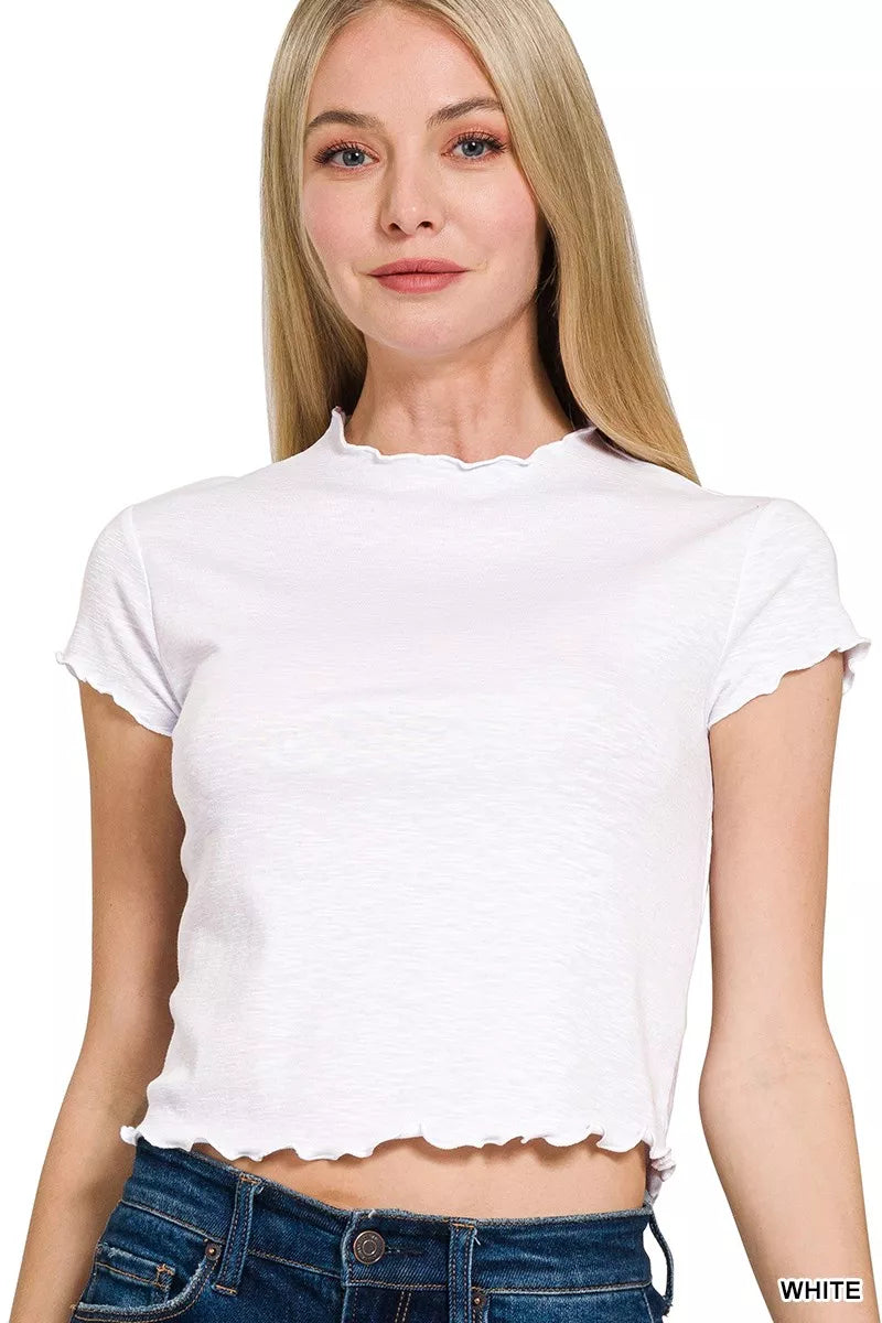 Zenana Cotton Modal Slub Lettuce Trimmed Cropped T-Shirt - Farnelli