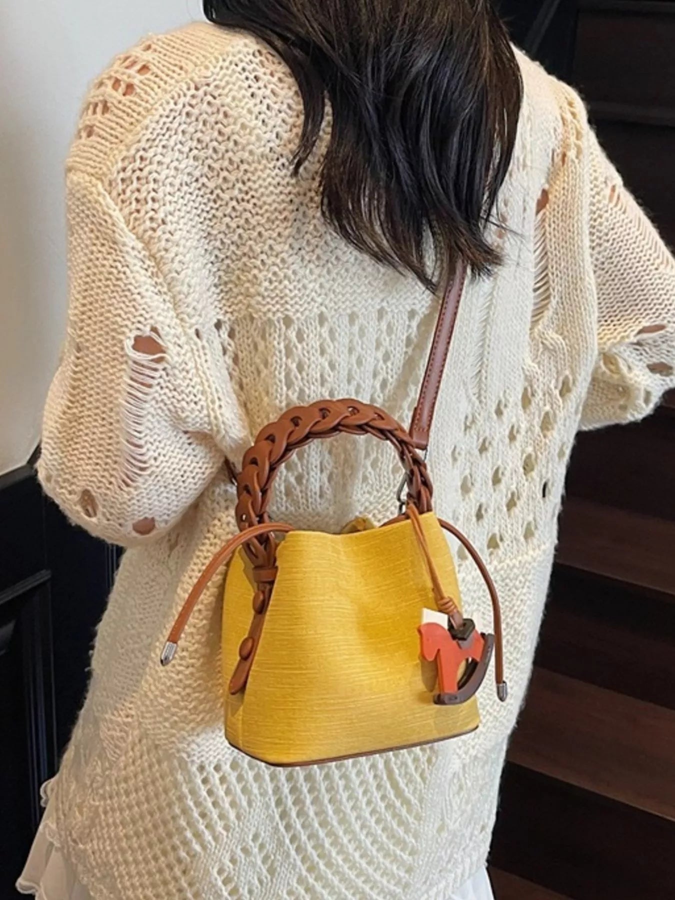 Braided Top Handle Bucket Crossbody Bag - Farnelli