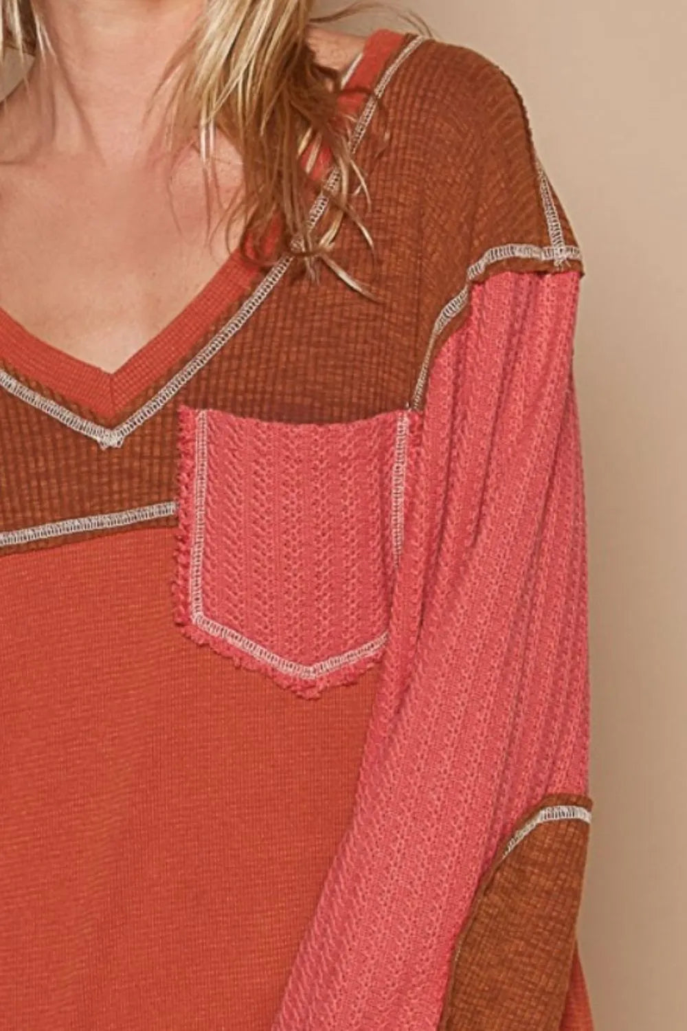 POL V-Neck Knit Panel Exposed Seam Top - Farnelli