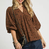 Umgee Corduroy Bow Print Balloon Sleeve Blouse - Brown