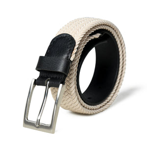 Cream and black braided canvas and leather belt from Classy Leather Bags, showing close-up of braided design and buckle detail.