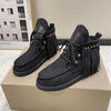 Fringe Studded Round Toe Canvas Boots - Black