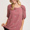 Umgee Full Size Linen Blend Ribbon Embroidered Top Plus Size - Rose