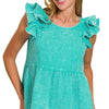 Zenana Double Gauze Acid Washed Tiered Ruffle Peplum Top - TURQUOISE