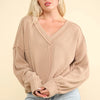 VERY J Exposed Seam V-Neck Ribbed Knit Top - Mocha