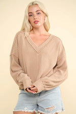 VERY J Exposed Seam V-Neck Ribbed Knit Top - Farnelli