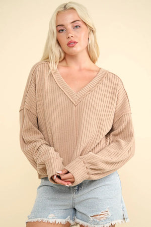 VERY J Exposed Seam V-Neck Ribbed Knit Top - Farnelli