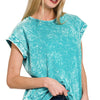 Zenana Crinkle Washed Round Neck Folded Short Sleeve Tee - LT TEAL