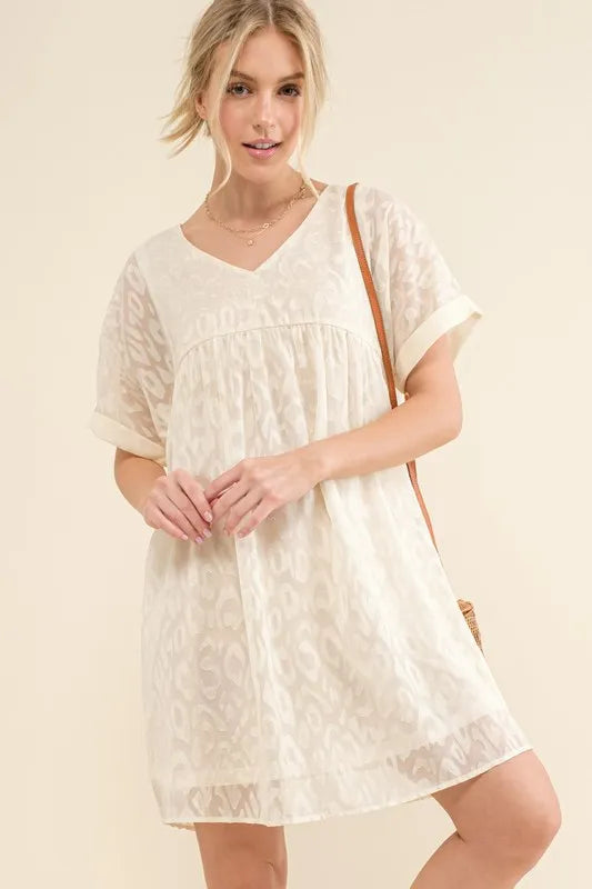 And The Why Woven Leopard Baby Doll Roll-Sleeve Casual Dress - Farnelli
