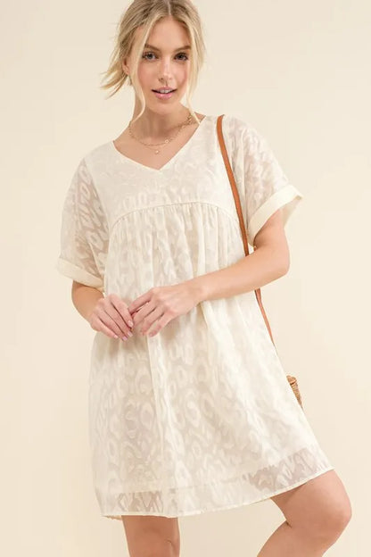 And The Why Woven Leopard Baby Doll Roll-Sleeve Casual Dress - Farnelli