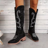 Embroidered Round Toe Block Heels Boots - Black