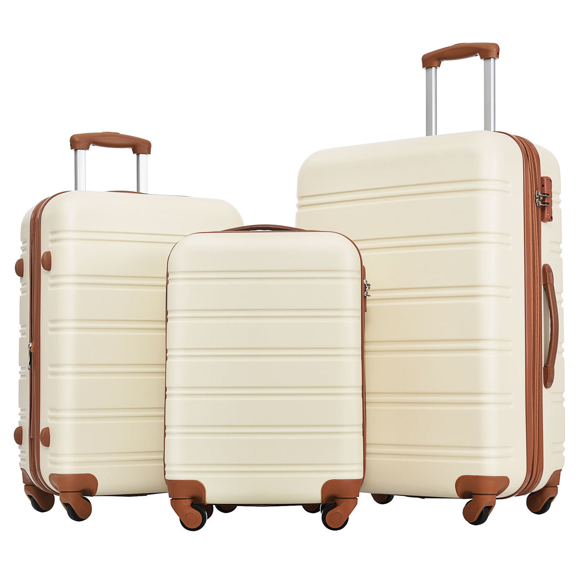 HouseOfZazla 3-piece hardside spinner luggage set in blue, purple, pink, and beige with TSA locks