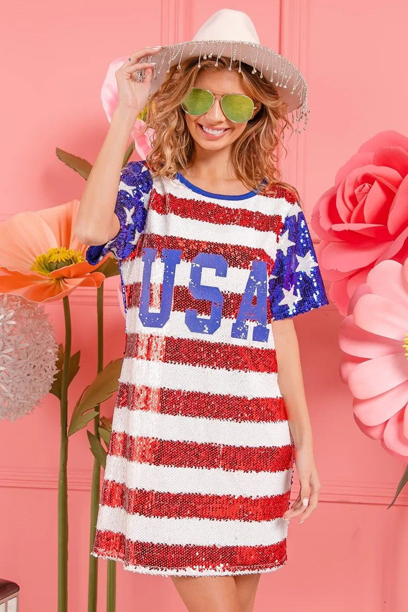 BiBi American Flag Theme Usa Print Sequin Dress - Farnelli