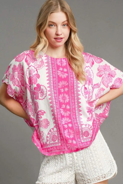 Umgee Full Size Floral Border Print Oversized Top Plus Size - Farnelli
