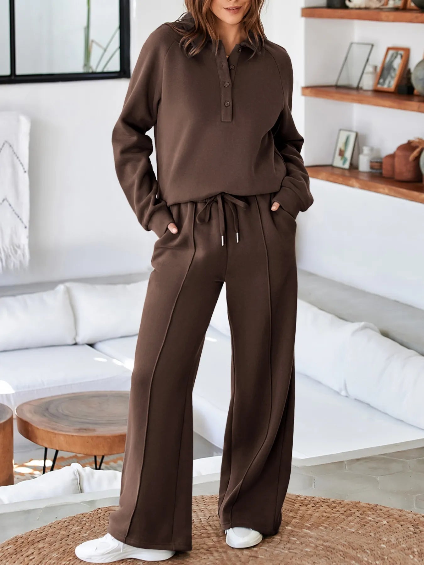 Collared Sweatshirt and High Waist Pants Active Set - Farnelli