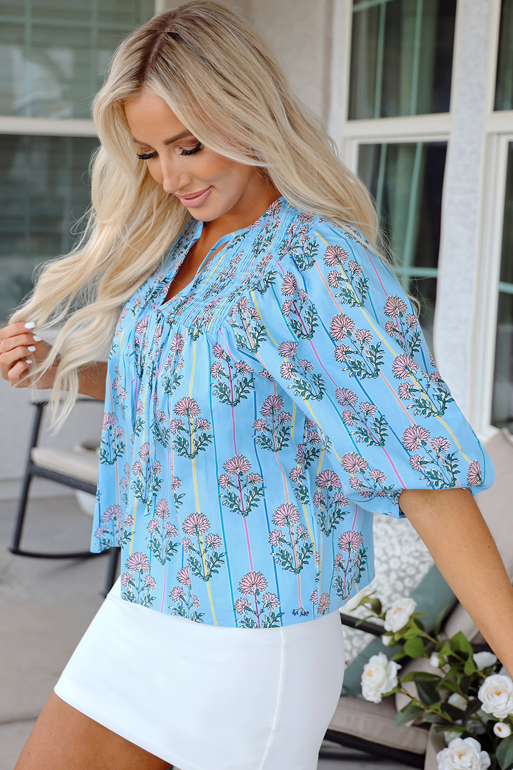 Kinley Floral Shirred Yoke Split Neck Blouse - Farnelli