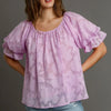 Umgee Full Size Jacquard Round Neck Ruffled Puff Sleeve Blouse Plus Size - Pink Purple