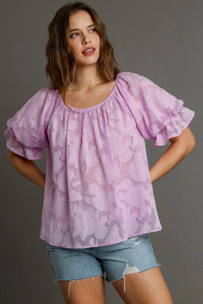 Umgee Full Size Jacquard Round Neck Ruffled Puff Sleeve Blouse Plus Size - Farnelli