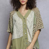 POL Button Down V-Neck Jacket with Printed Woven Patchwork - OLIVE MULTI