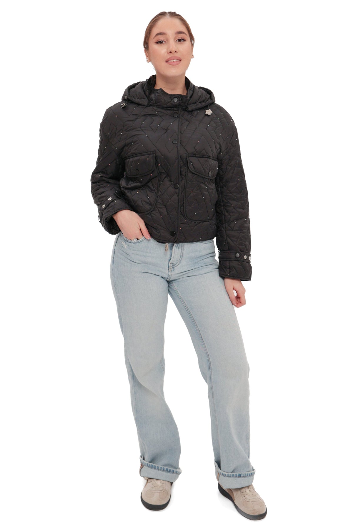 Black studded light demi-season hooded cropped jacket from Alaska® Outerwear Company, featuring a stylish hood and decorative studs.