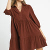 Umgee Tiered Corduroy Mini Dress with Balloon Sleeves - RED BROWN