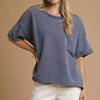 Umgee Mineral Wash Round Neck Top - DENIM BLUE