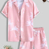 Men's Full Size Palm Print Button Up Shirt and Shorts Set Plus Size - Pink