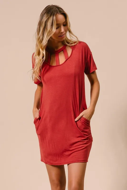 BiBi Front Cutout Mini Tee Dress with Pockets - Farnelli
