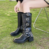 Round Toe Block Heels Boots - Black