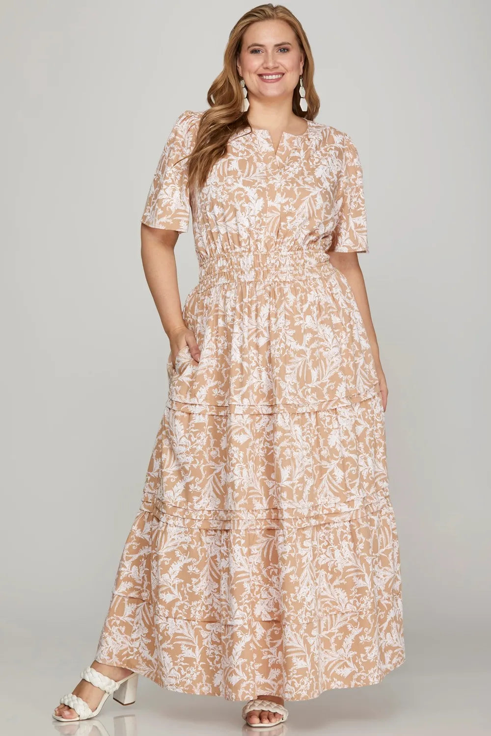She + Sky Printed Notched Woven Tiered Pintuck Maxi Dress with Side Pockets - Farnelli