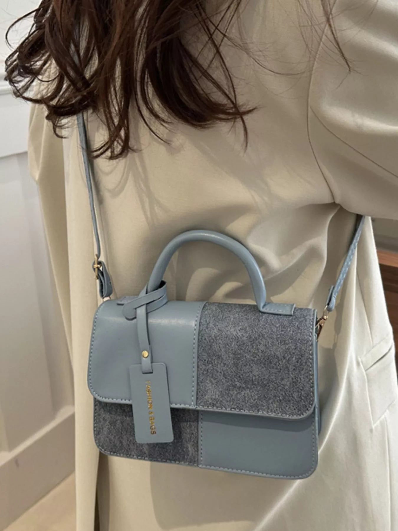 Color Block Flap Crossbody Bag with Top Handle - Farnelli