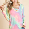 BiBi Tie Dye French Terry V-Neck Top with Strapped - PASTEL TIE DYE