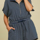 Umgee Full Size Half Zip Striped Romper Plus Size - Farnelli