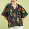 Umgee Floral Print Puff Sleeve Scallop Hem Blouse - Black